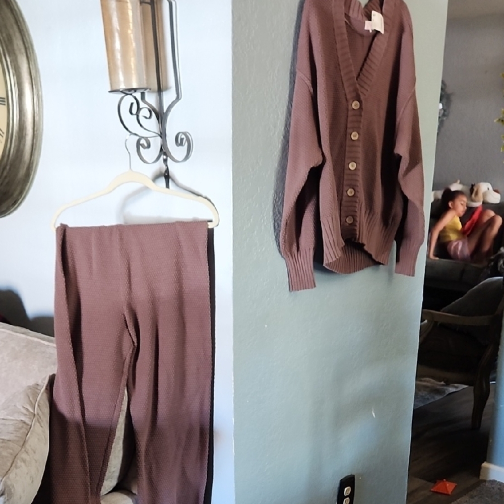 Free People Mauve Knit Cardigan and Pants Set